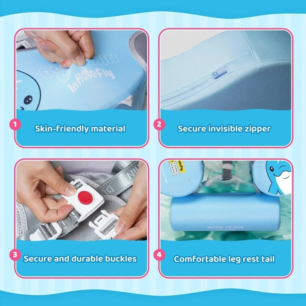 Doctor Dolphin Baby Swimming Ring Air-Free w/ Canopy & Safety Harness 3–24M NEW